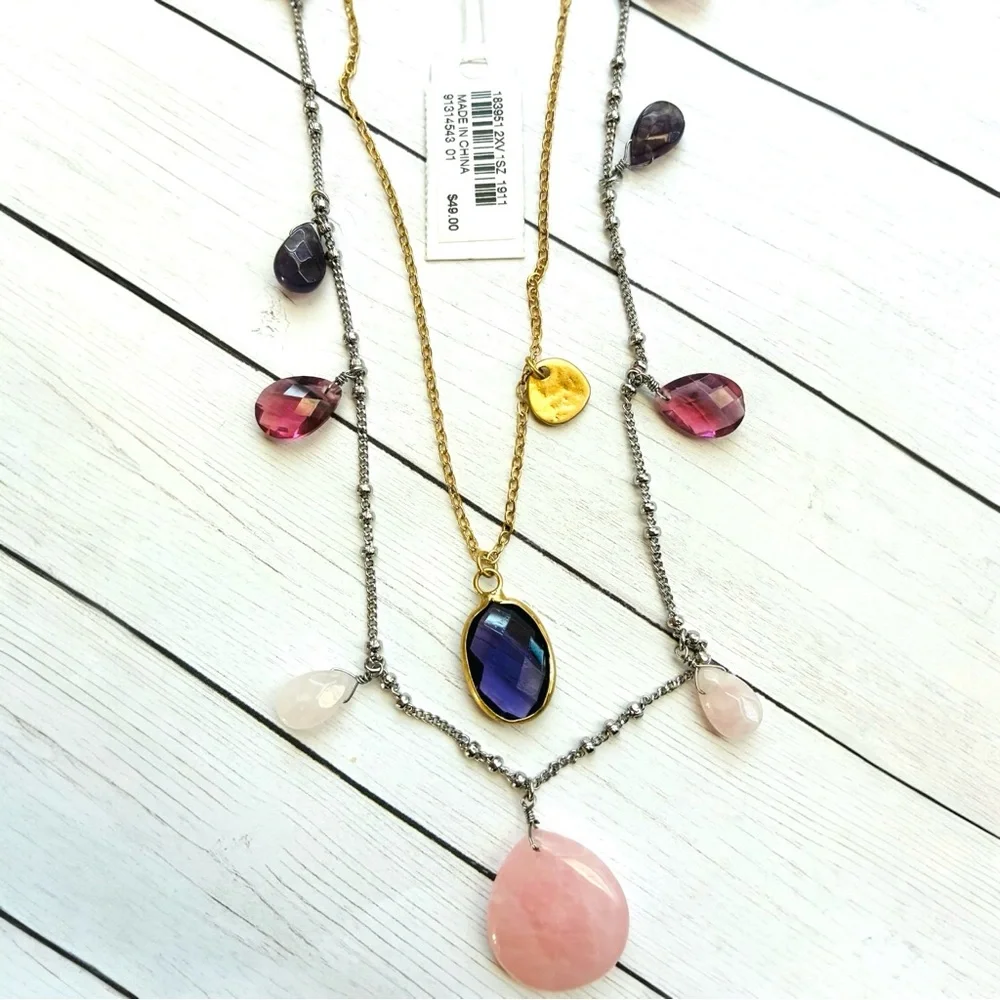 J. Jill Multi-Layer Gold Silver Long Necklace Quartz Glass Bead Charms $49 Tag - Picture 2 of 4